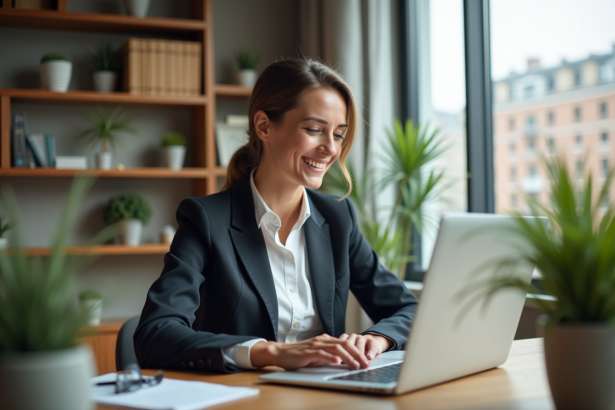 Femme souriante fermant son ordinateur dans un espace de travail moderne