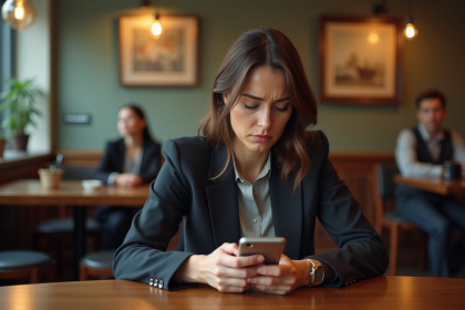 Femme pensive assise au café regardant son téléphone