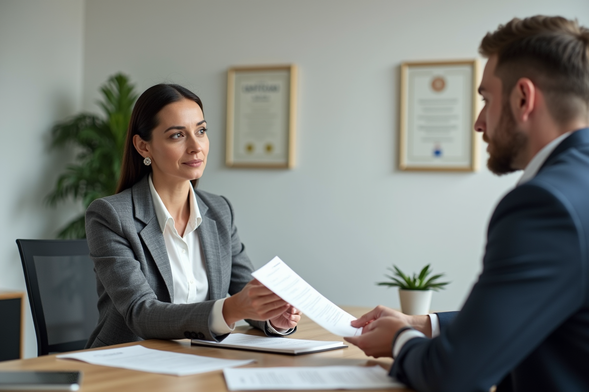 Femme professionnelle tendant un contrat à un homme en réunion