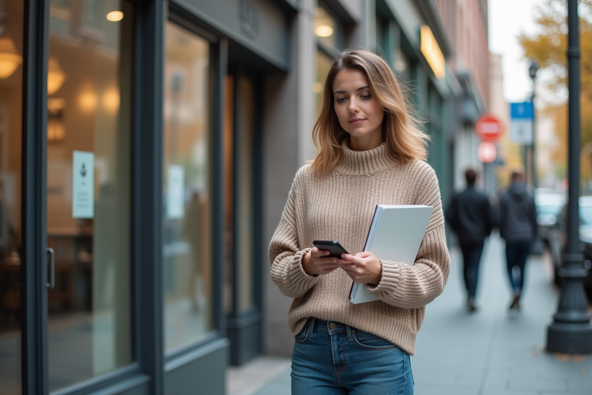 Femme vérifiant son smartphone devant une agence d