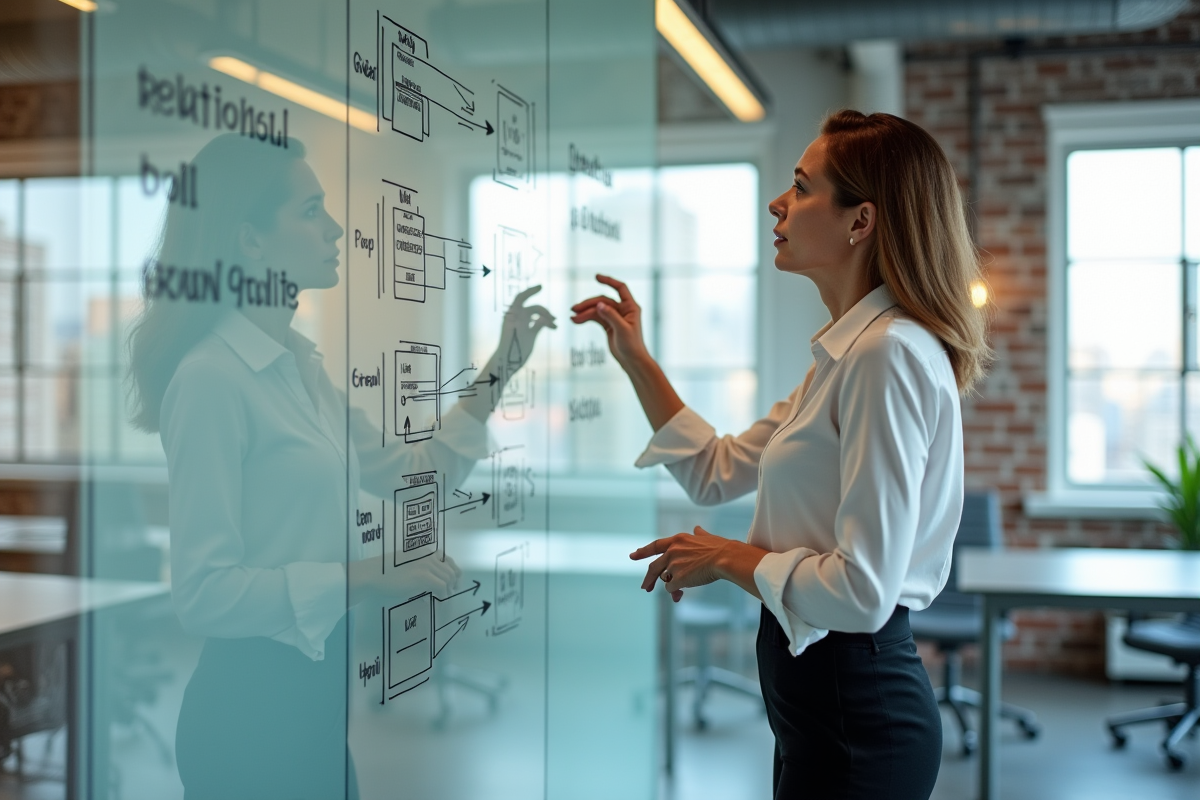 Femme expliquant des diagrammes de bases de données sur un tableau blanc