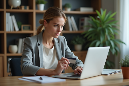 Femme d affaires regardant un ordinateur avec paiement échoué