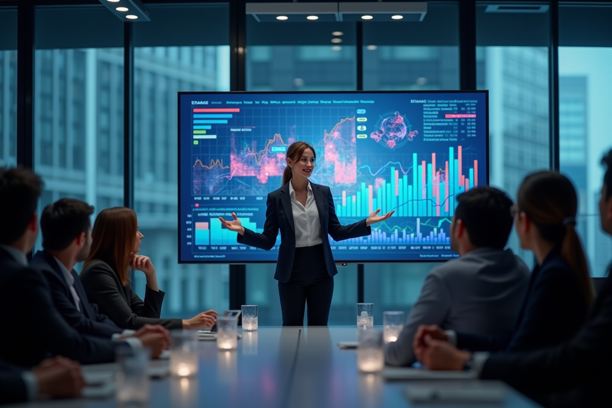 Femme confiante présentant une stratégie marketing digitale en réunion