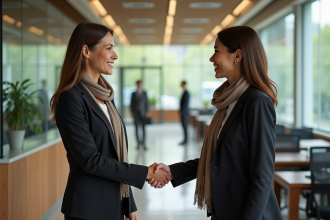 Femme d'âge moyen souriante accueillant un visiteur au bureau