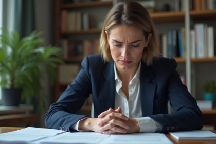 Femme en tailleur navy dans un appartement urbain