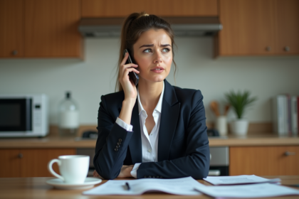 Femme en costume au téléphone dans sa cuisine