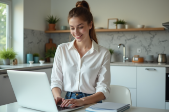 Jeune femme concentrée sur son ordinateur portable à la maison