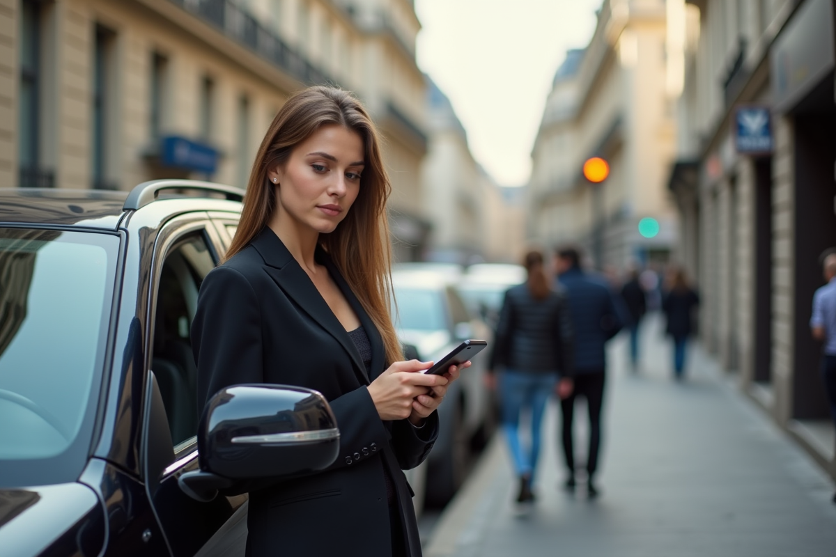 Femme VTC debout sur le trottoir à Paris utilisant son smartphone
