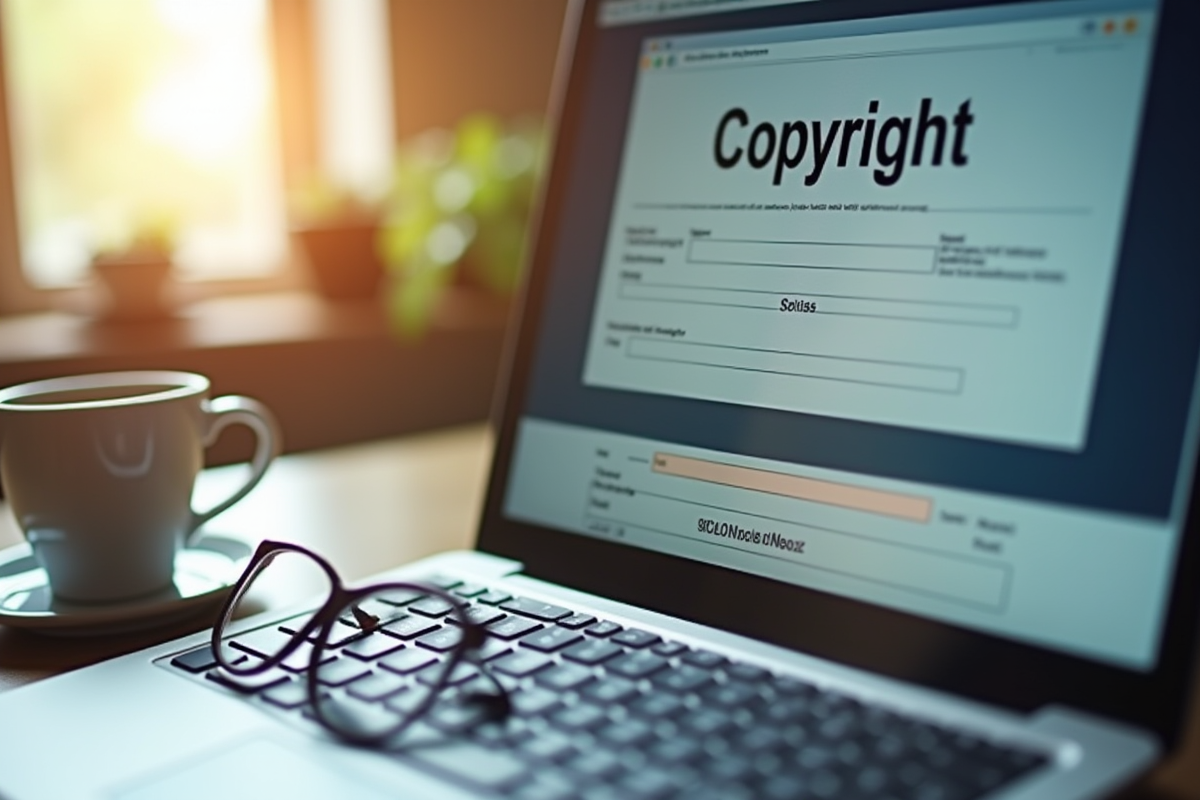 Écran d ordinateur avec formulaire de copyright et accessoires de travail