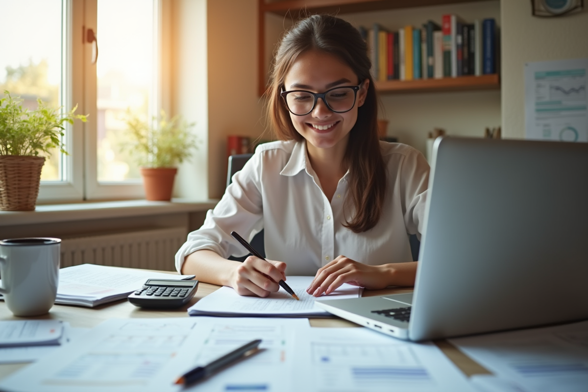 Jeune freelance travaillant dans un bureau lumineux à domicile