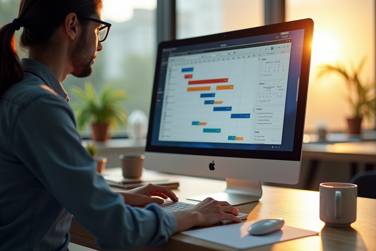 Gestionnaire de projet concentré sur un écran avec diagramme de Gantt