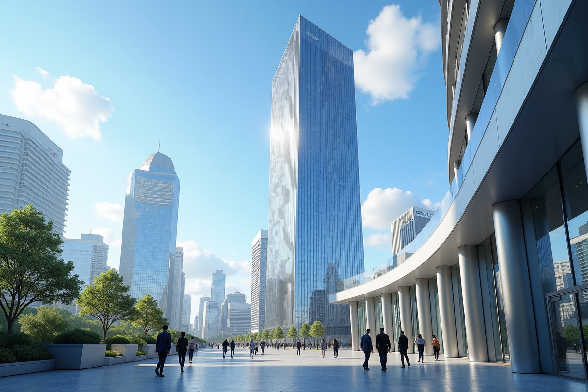 Gratte-ciel moderne siège d'entreprise avec skyline animée