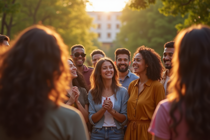Groupe divers en solidarité dans un parc urbain ensoleille