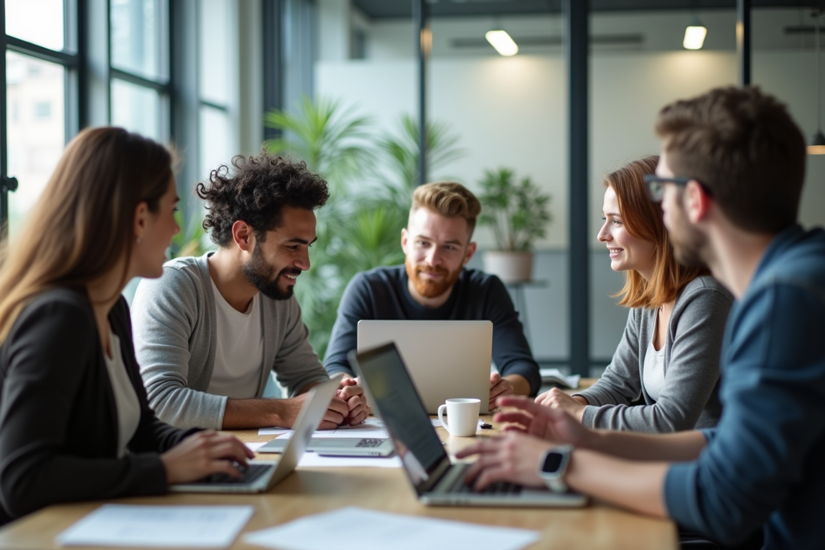 Groupe de jeunes professionnels diversifiés dans un bureau moderne