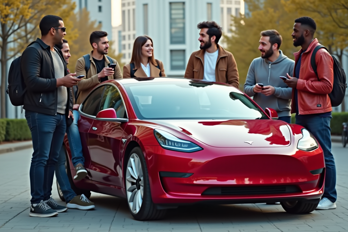 Groupe de personnes devant une Tesla Model 3 en ville