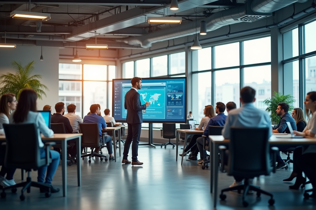 Groupe de professionnels dans un bureau moderne collaborant avec des écrans interactifs