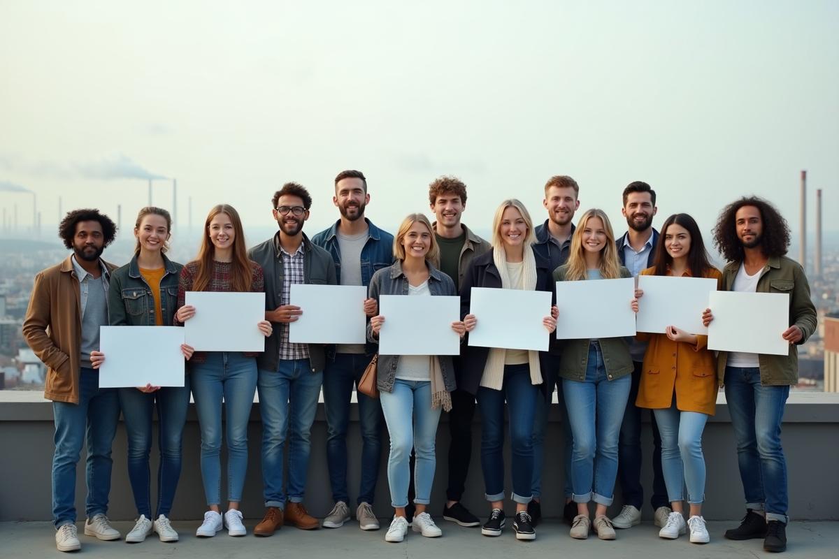 Groupe divers d'adultes avec pancartes sur un toit urbain
