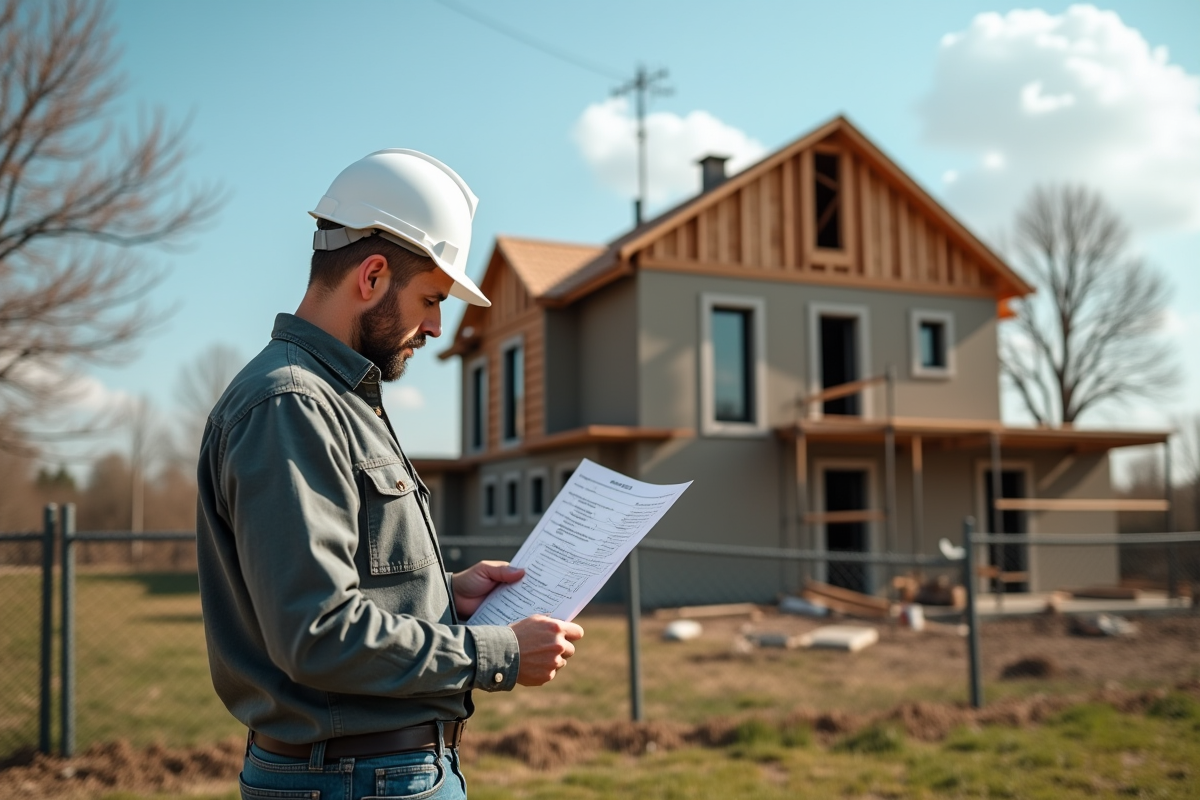 Proprietaire inquiet examinant des documents de construction devant une maison en travaux