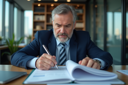 Homme d'affaires en costume bleu examine des documents financiers