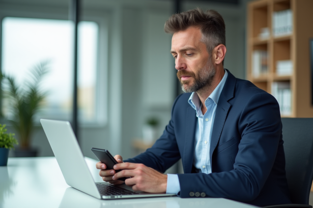 Homme d'affaires en costume navy dans un bureau moderne