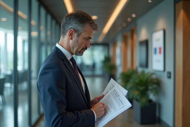 Homme d affaires québécois lisant une affiche de politique linguistique