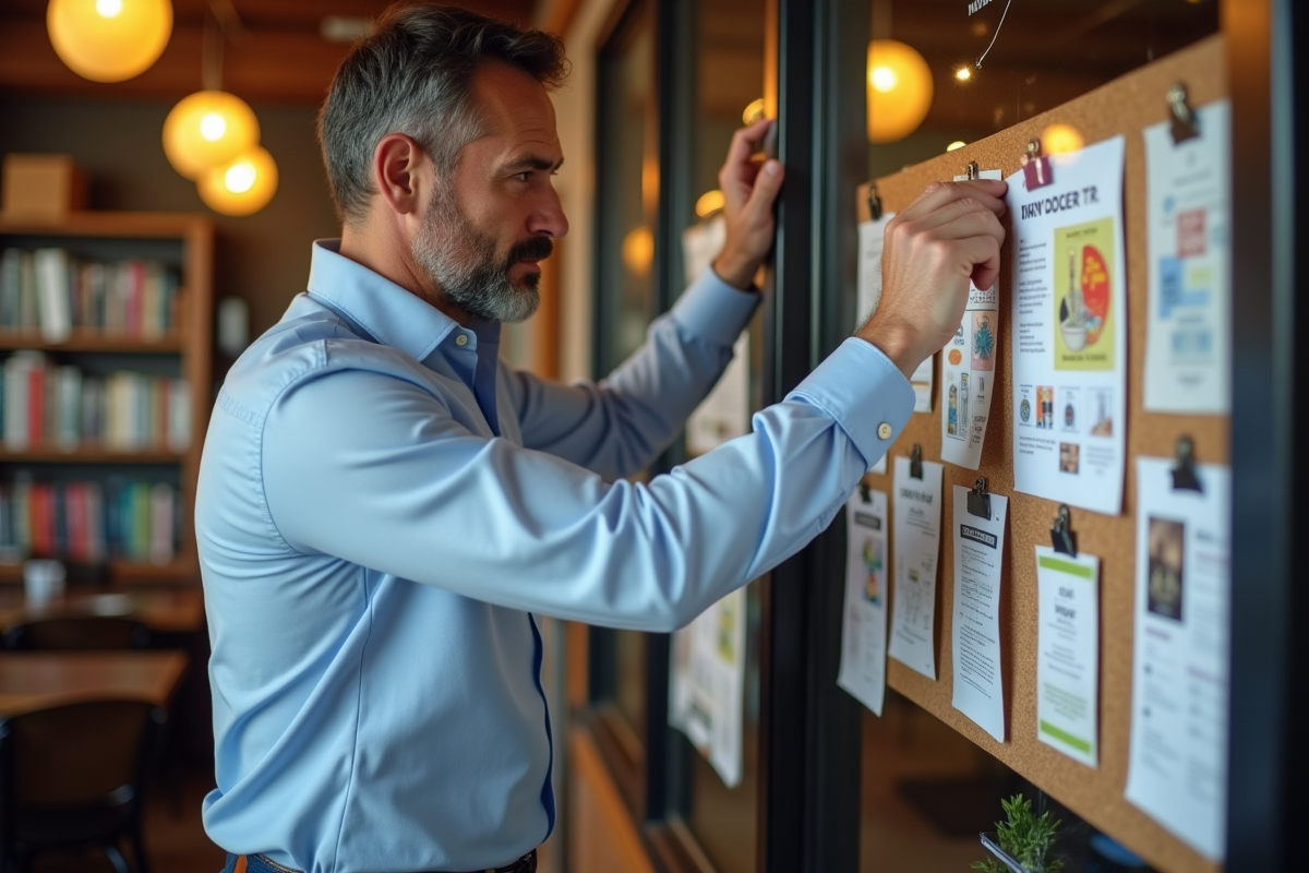 Homme pinçant un flyer dans un café chaleureux