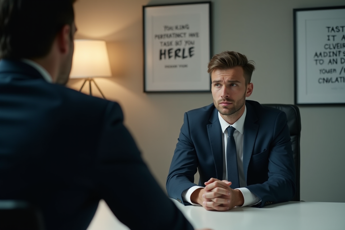 Homme anxieux en entretien dans un bureau minimaliste
