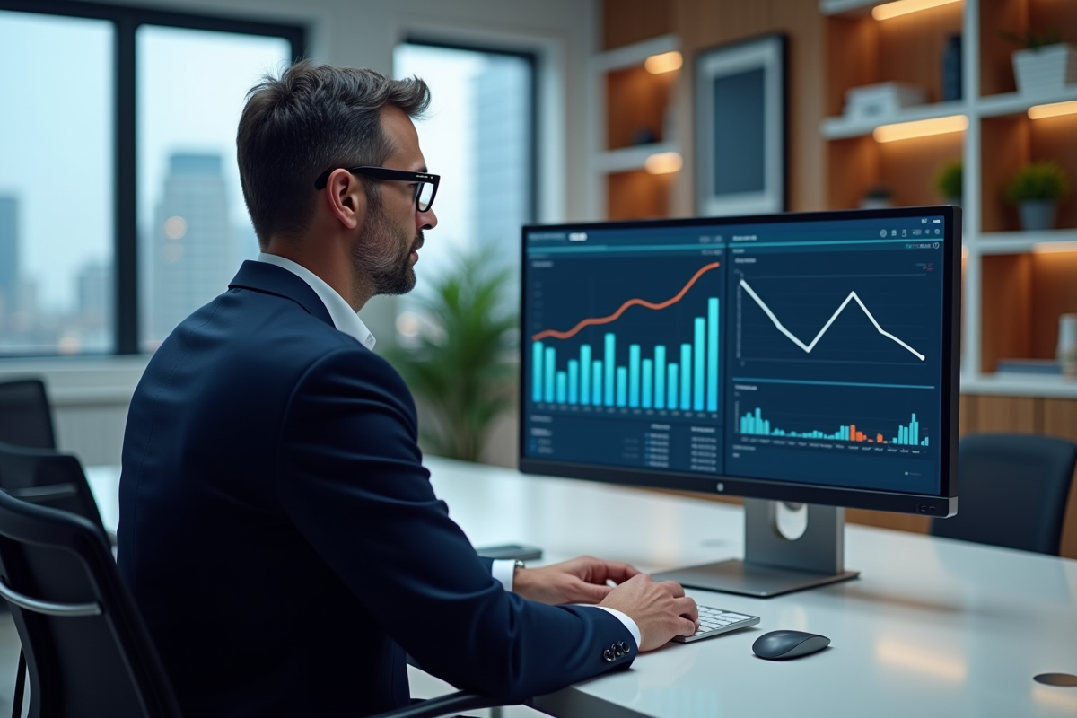 Homme en costume vérifiant des analyses sur un grand écran d