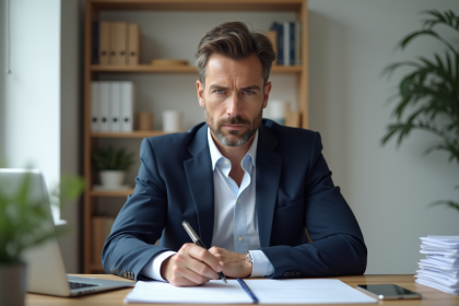 Homme en costume dans un bureau moderne en train de remplir un dossier