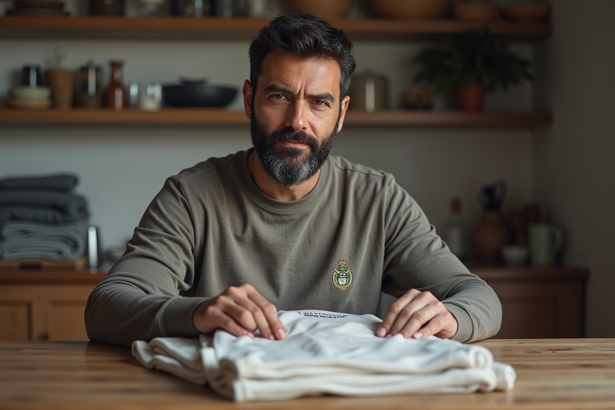 Homme assis préparant des T-shirts dans une cuisine