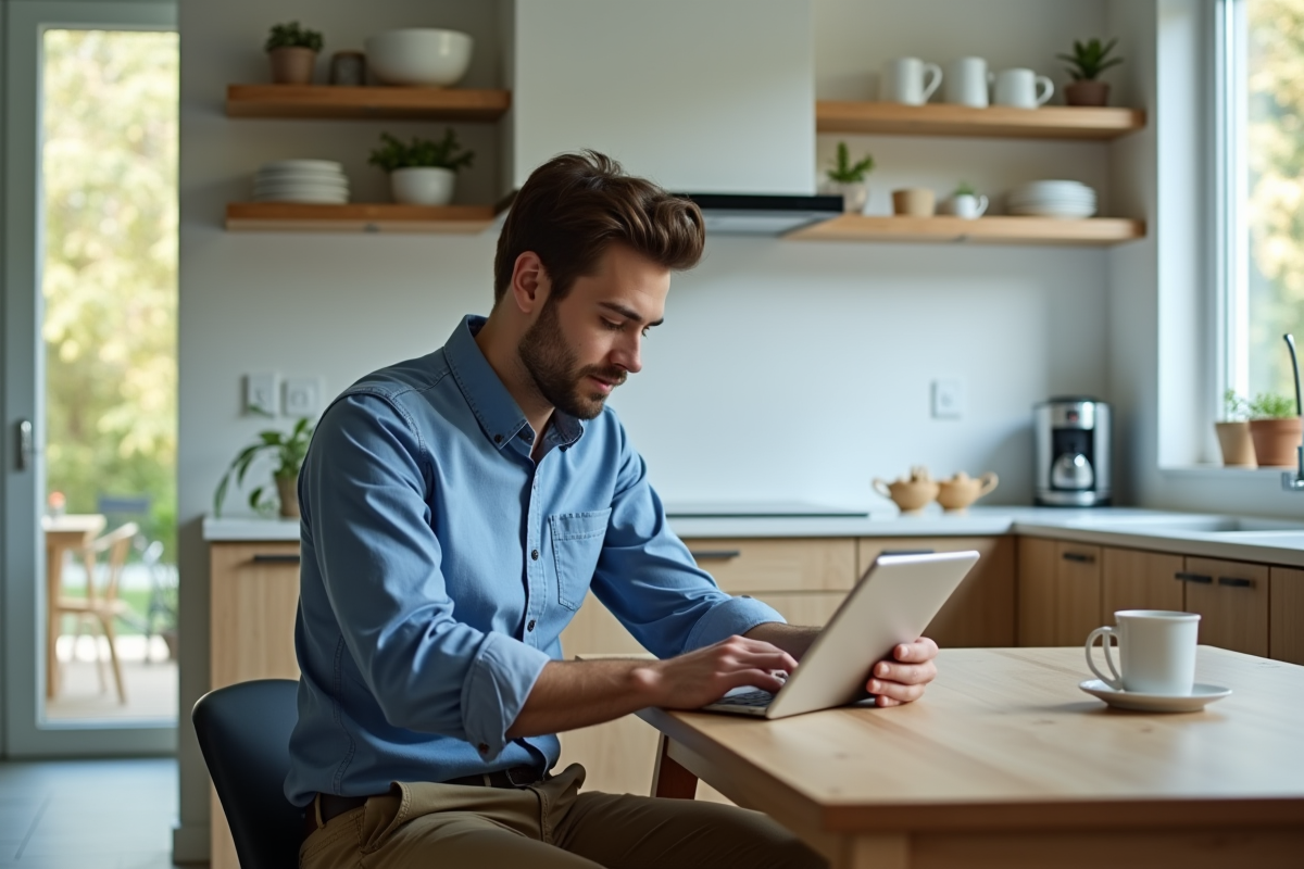 Homme travaillant sur une tablette dans une cuisine moderne