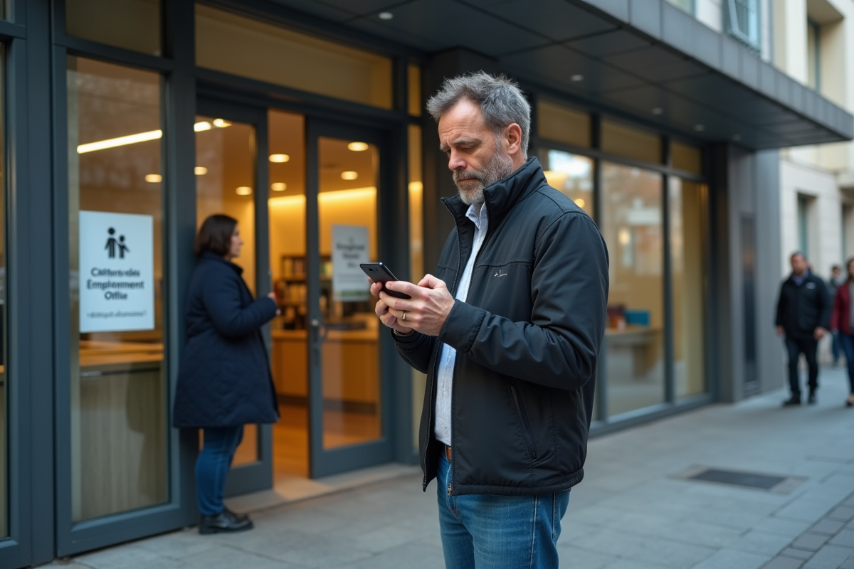 Homme vérifiant ses infos devant une mairie