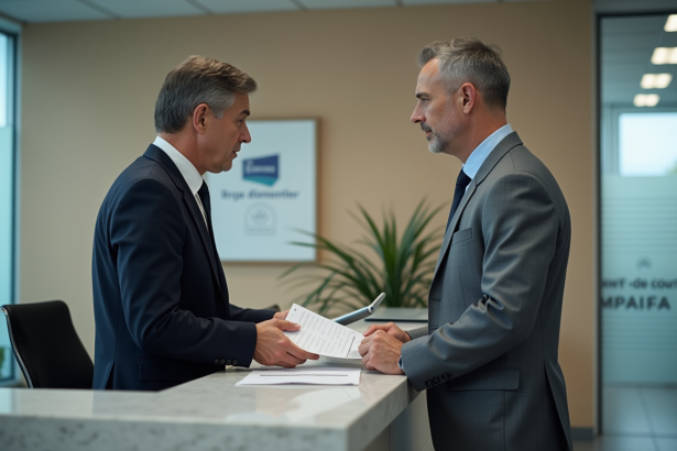 Homme d'âge moyen remettant des papiers à un agent administratif