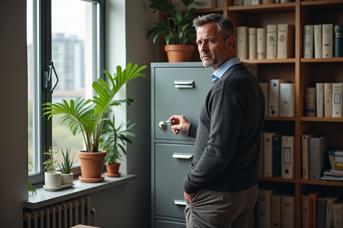 Homme verrouillant un classeur dans un bureau à domicile