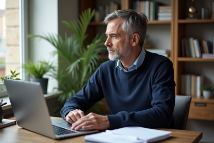 Homme français pensif à son bureau avec dossier de démission