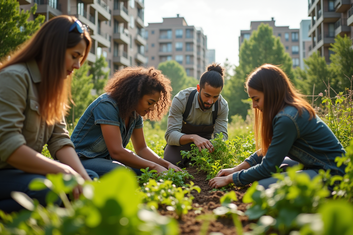 Groupe communautaire plantant arbres dans un jardin urbain