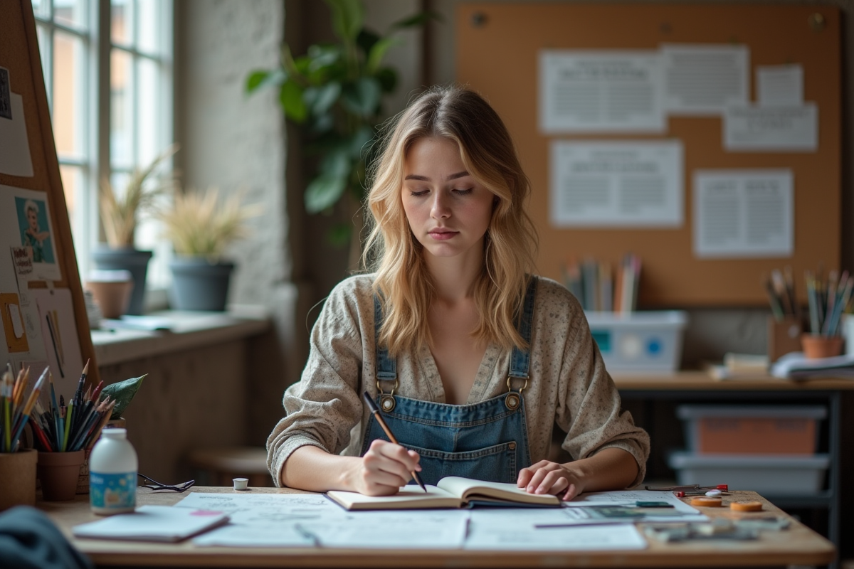 Jeune artiste esquissant dans son atelier créatif