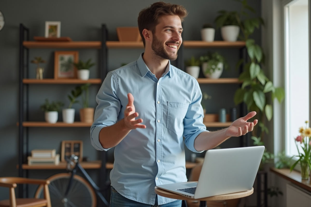 Jeune entrepreneur français en visioconference à la maison