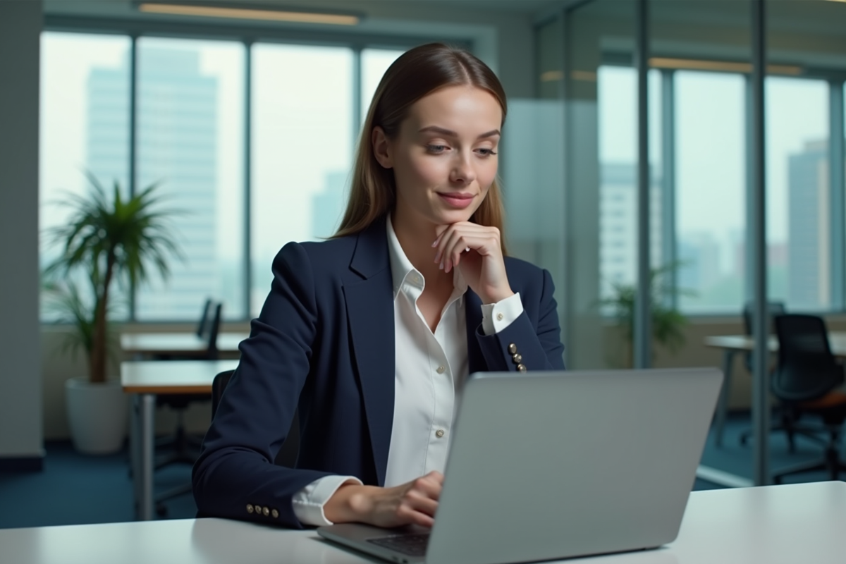 Jeune femme professionnelle au bureau en train de vérifier son ordinateur