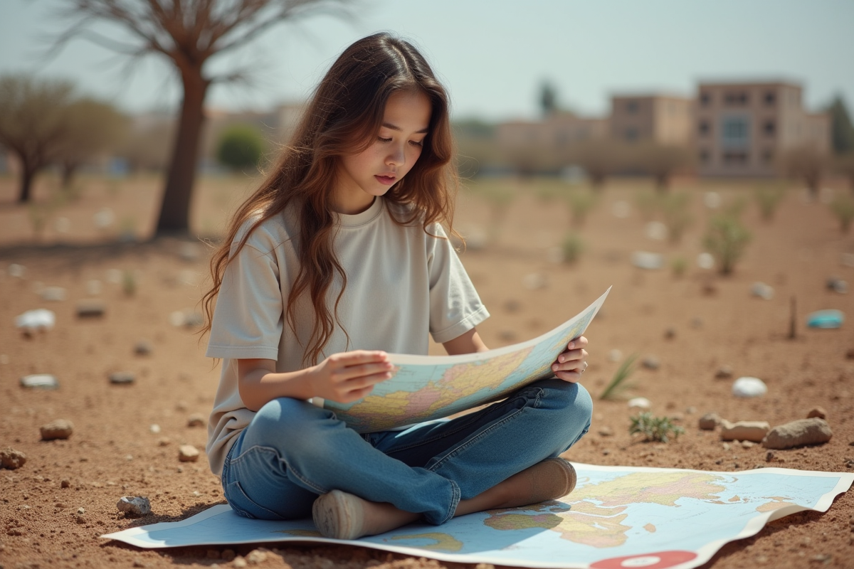 Jeune femme étudiant une carte du monde en extérieur