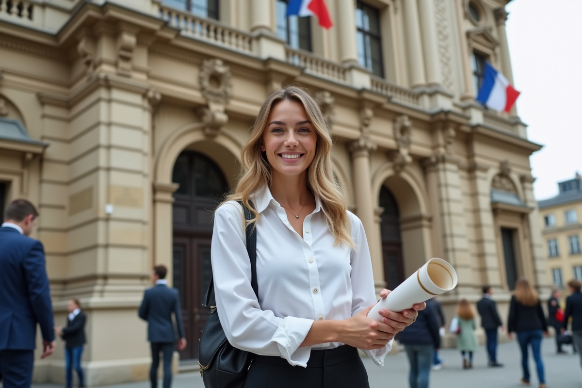 Jeune femme avec certificat devant un tribunal français