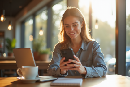 Jeune femme souriante créant une story Instagram dans un café lumineux