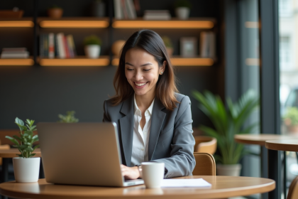 Jeune femme entrepreneure souriante sur un ordinateur dans un café
