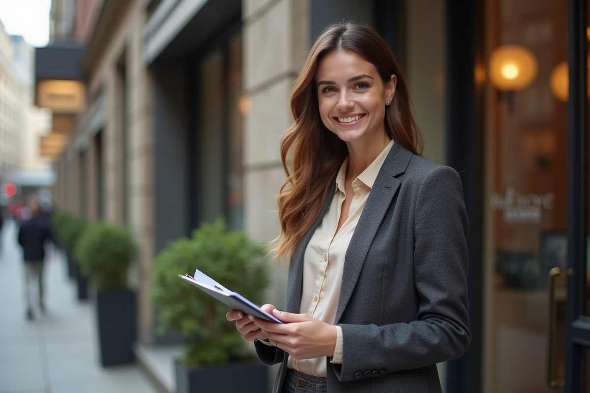 Jeune femme entrepreneure souriante devant sa boutique