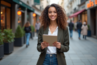 Jeune femme souriante tenant un flyer en ville dynamique