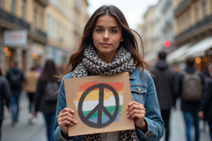 Jeune femme avec pancarte paix dans la rue urbaine