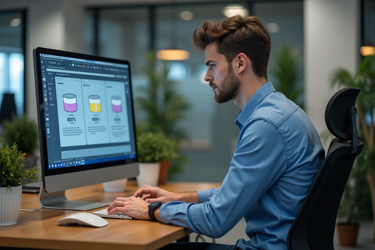 Jeune homme au bureau comparant diagrammes de bases de données