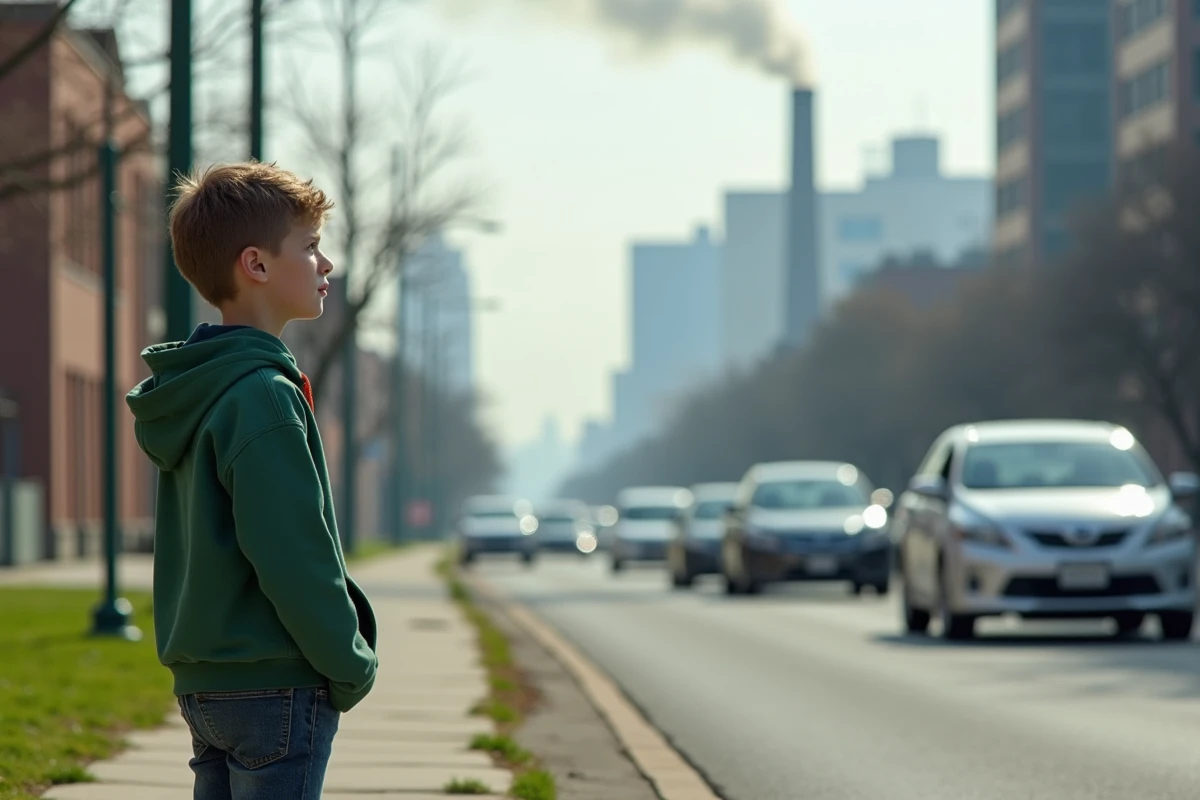 Jeune garçon regardant la pollution et la circulation en ville