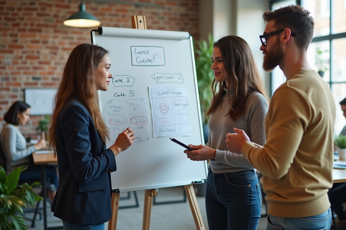 Trois jeunes en discussion autour d un tableau blanc dans un espace ouvert