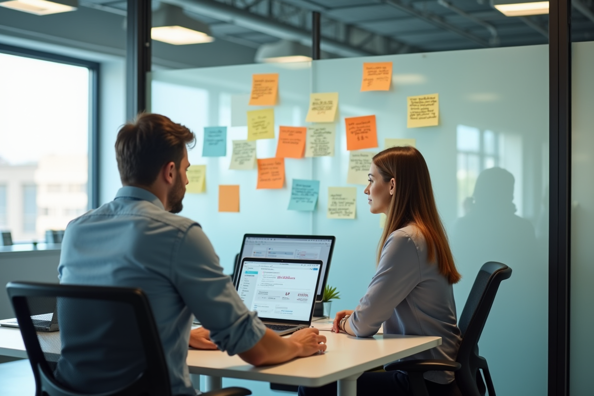 Deux jeunes professionnels en brainstorming dans un bureau lumineux
